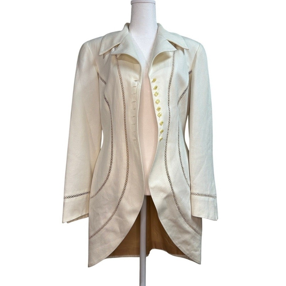Kathryn Dianos Vintage Linen Blend Cutout Longline Blazer Cream Women's 6 USA